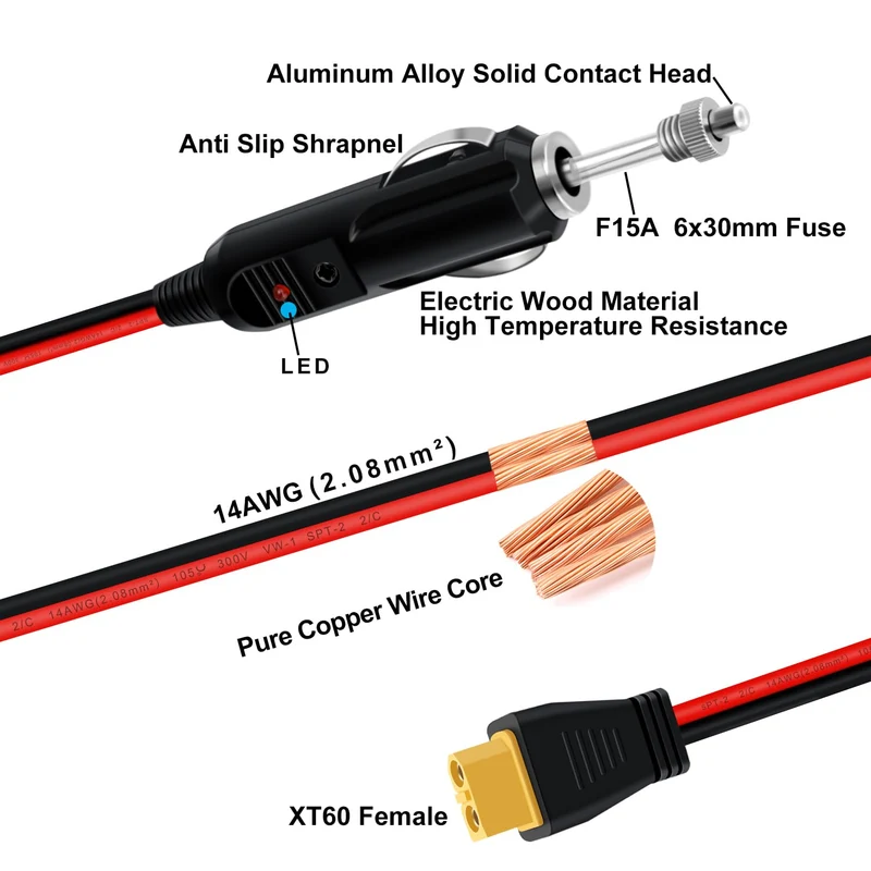 Cabo XT60 para Isqueiro 14AWG 20A LED Fusível 2m