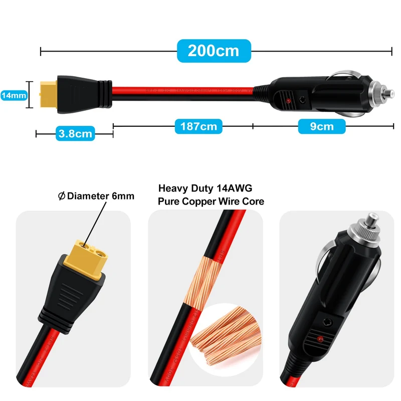 Cabo XT60 para Isqueiro 14AWG 20A LED Fusível 2m