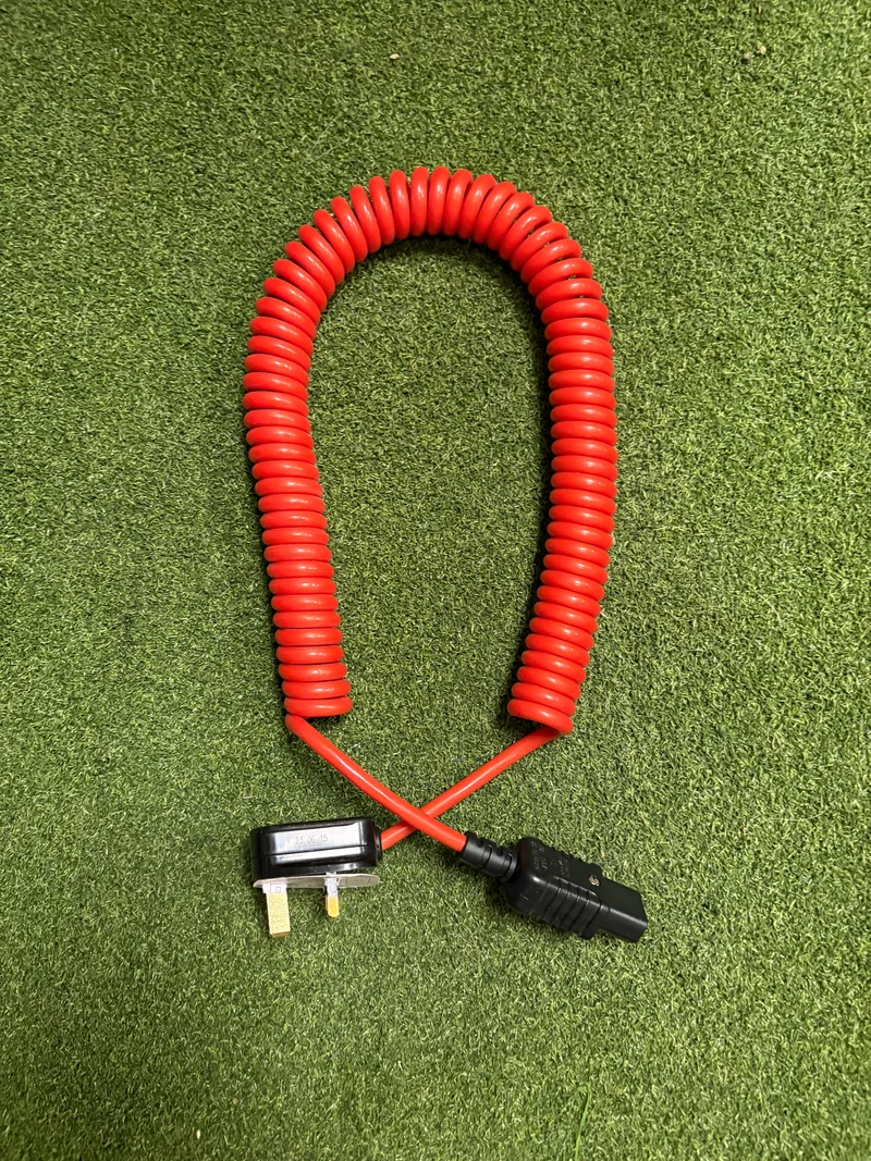 PUR Coiled Kettle Lead UK Mains Power Plug to IEC C13, in Orange and black