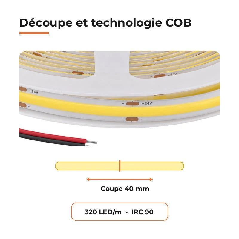 Ruban LED COB 10m 24V IP20 320LED/m 8.7W/M CRI90