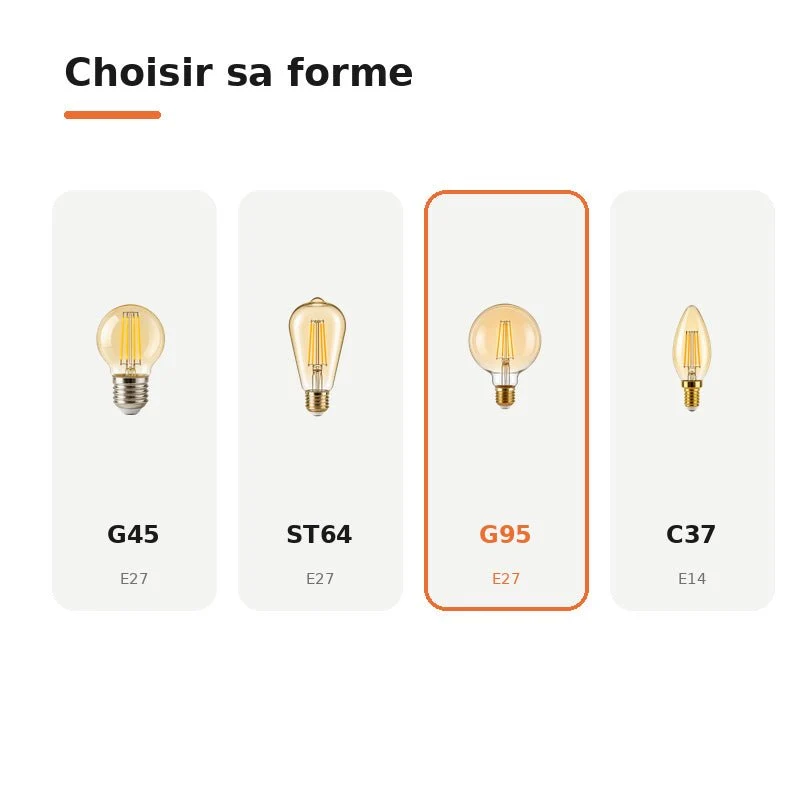 Ampoule LED Filament E27 8W Ambrée G95 - Pack de 10