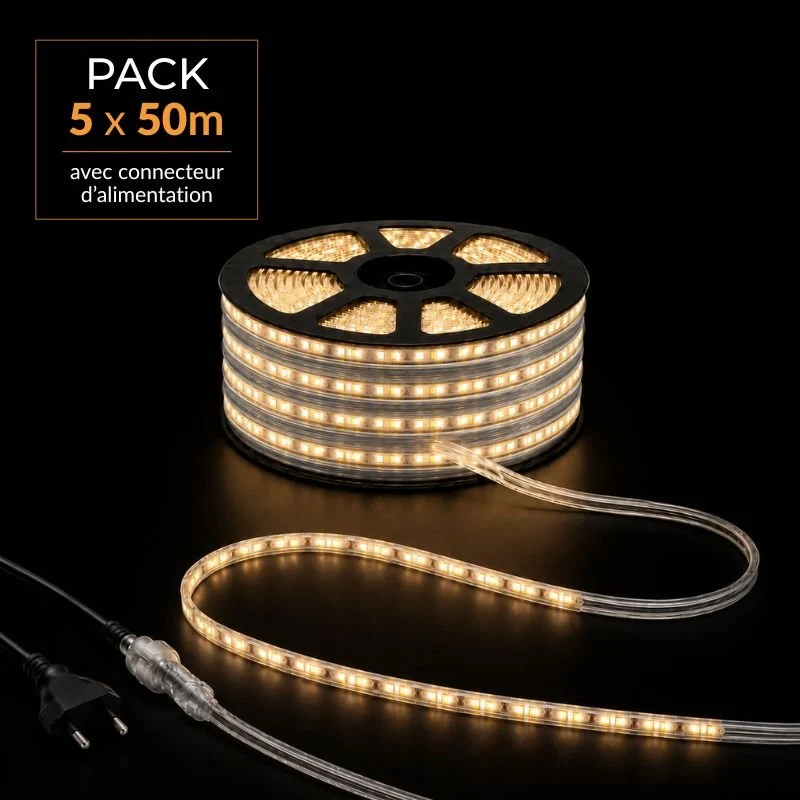 Ruban LED Tunnel 250M 2835 220V AC 9W/m IP65 120 LED/m (5 rubans 50M raccordable + alimentation)