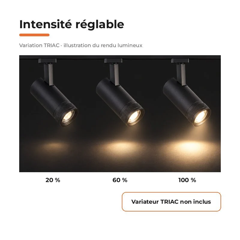 Spot LED sur Rail Noir Angle Ajustable Monophasé 30W 15-60° CCT TRIAC Dimmable - 3000K/4000K/6000K