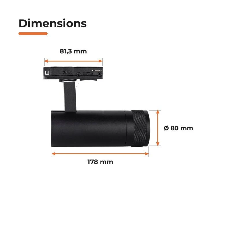 Spot LED sur Rail Noir Angle Ajustable Monophasé 30W 15-60° CCT TRIAC Dimmable - 3000K/4000K/6000K