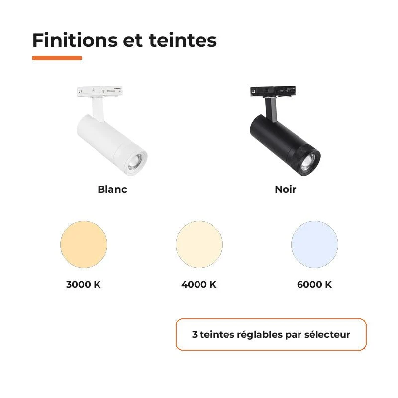 Spot LED sur Rail Noir Angle Ajustable Monophasé 30W 15-60° CCT TRIAC Dimmable - 3000K/4000K/6000K