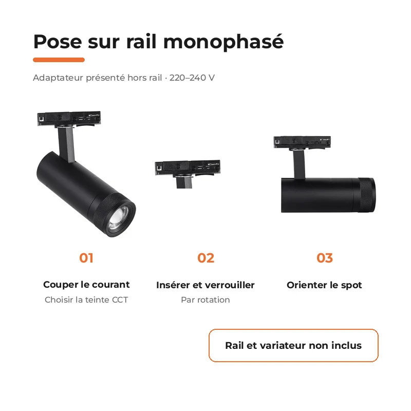 Spot LED sur Rail Noir Angle Ajustable Monophasé 30W 15-60° CCT TRIAC Dimmable - 3000K/4000K/6000K