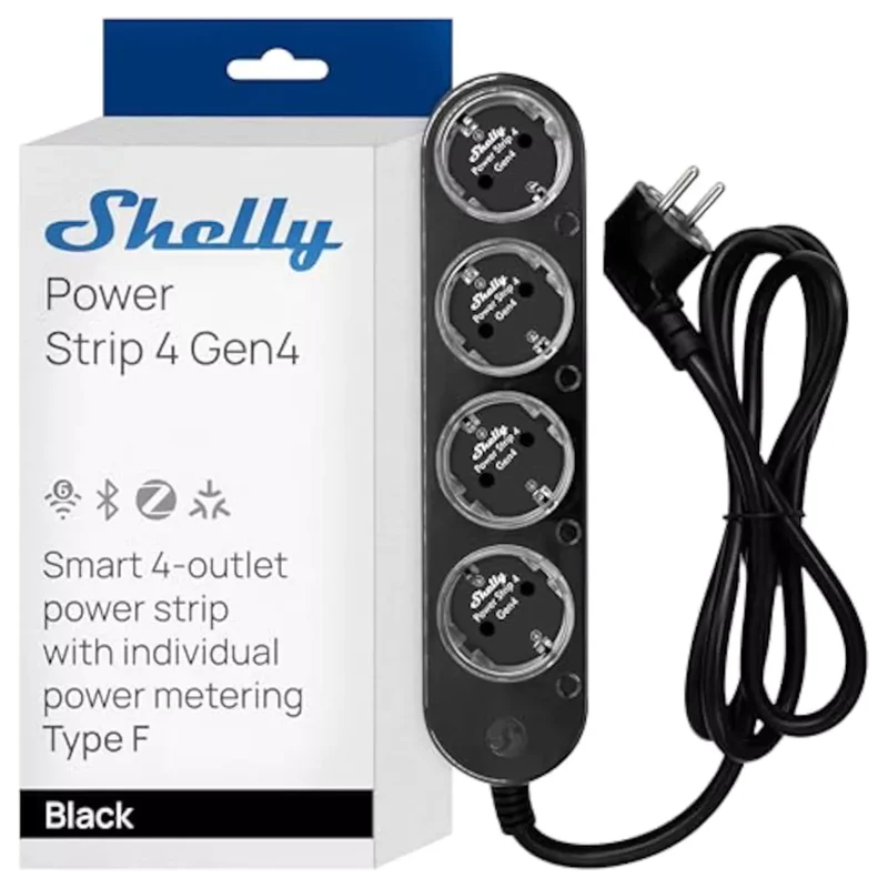 Shelly Extensão Inteligente Multiprotocolo com 4 Tomadas e Medição Individual 1,5m -Shelly Power Strip 4 Gen4 Black em Preto
