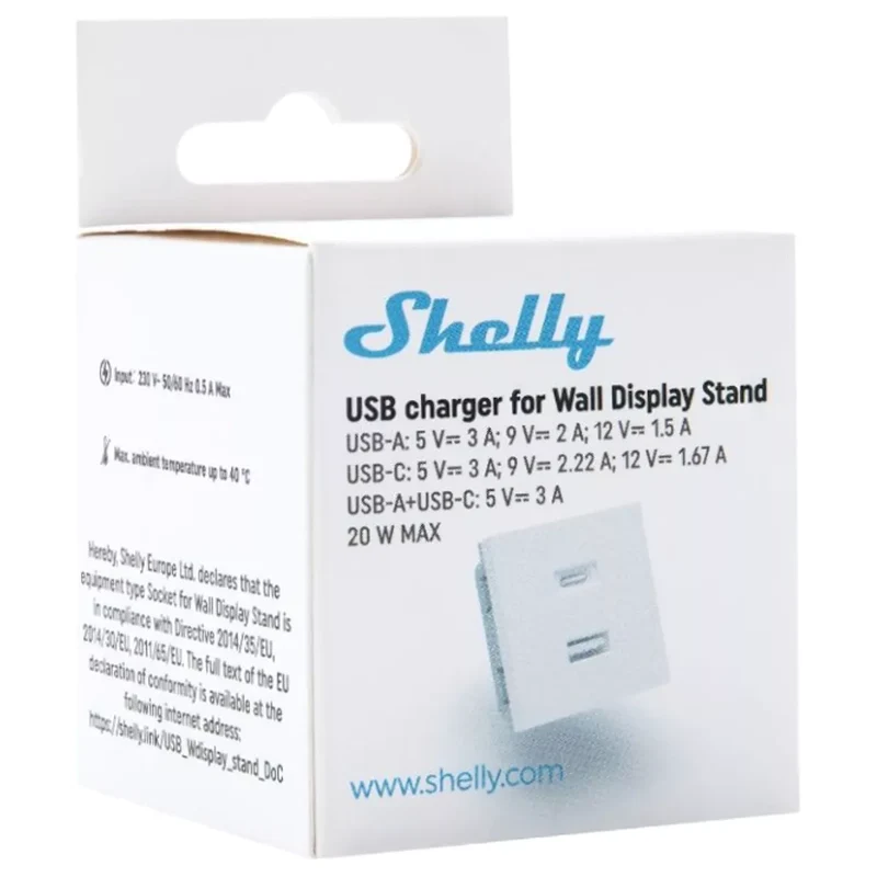 Shelly Carregador USB 20W (USB-A + USB-C) para Suporte de Wall Display - Shelly USB Charger para Wall Display Stand Branco