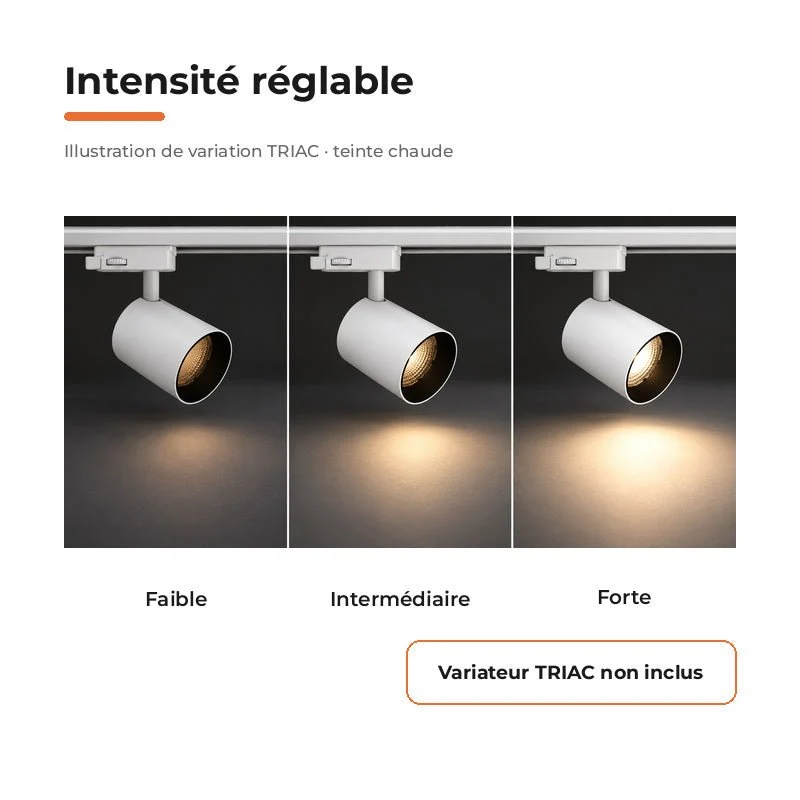 Spot LED sur Rail Blanc Triphasé 24W 36° TRIAC Dimmable
