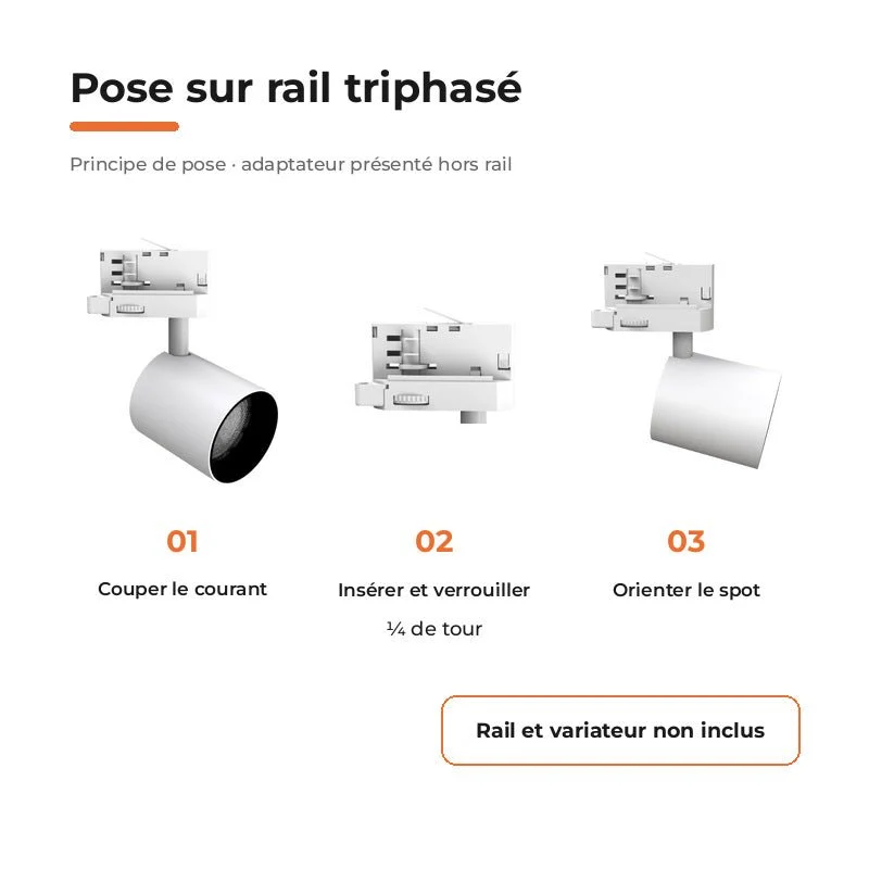 Spot LED sur Rail Blanc Triphasé 24W 36° TRIAC Dimmable