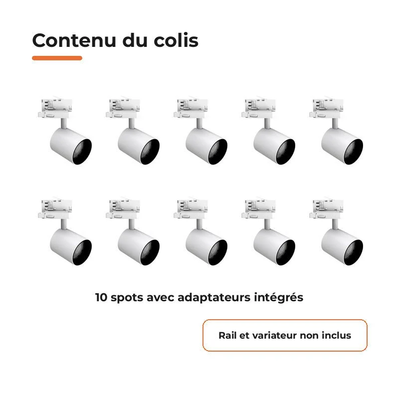 Pack de 10 - Spot LED sur Rail Blanc Triphasé 24W 36° TRIAC Dimmable