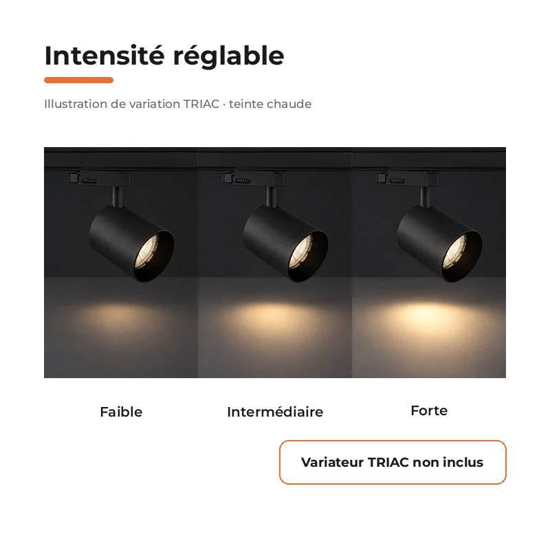 Spot LED sur Rail Noir Triphasé 24W 36° TRIAC Dimmable
