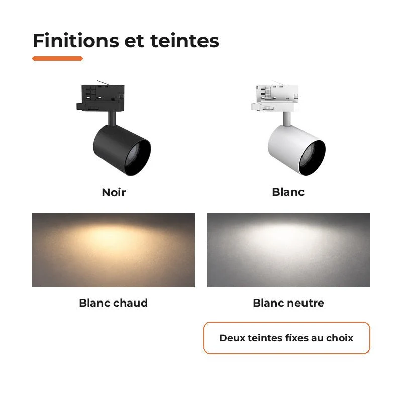 Spot LED sur Rail Noir Triphasé 24W 36° TRIAC Dimmable