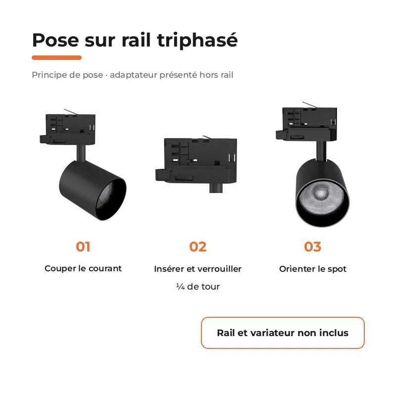 Spot LED sur Rail Noir Triphasé 24W 36° TRIAC Dimmable