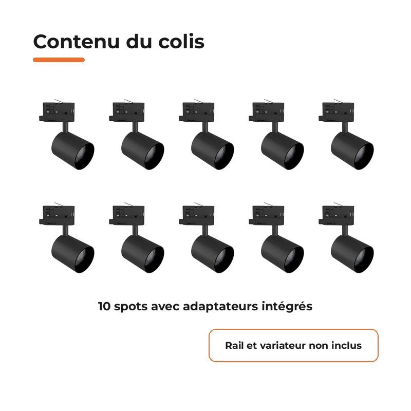 Pack de 10 - Spot LED sur Rail Noir Triphasé 24W 36° TRIAC Dimmable