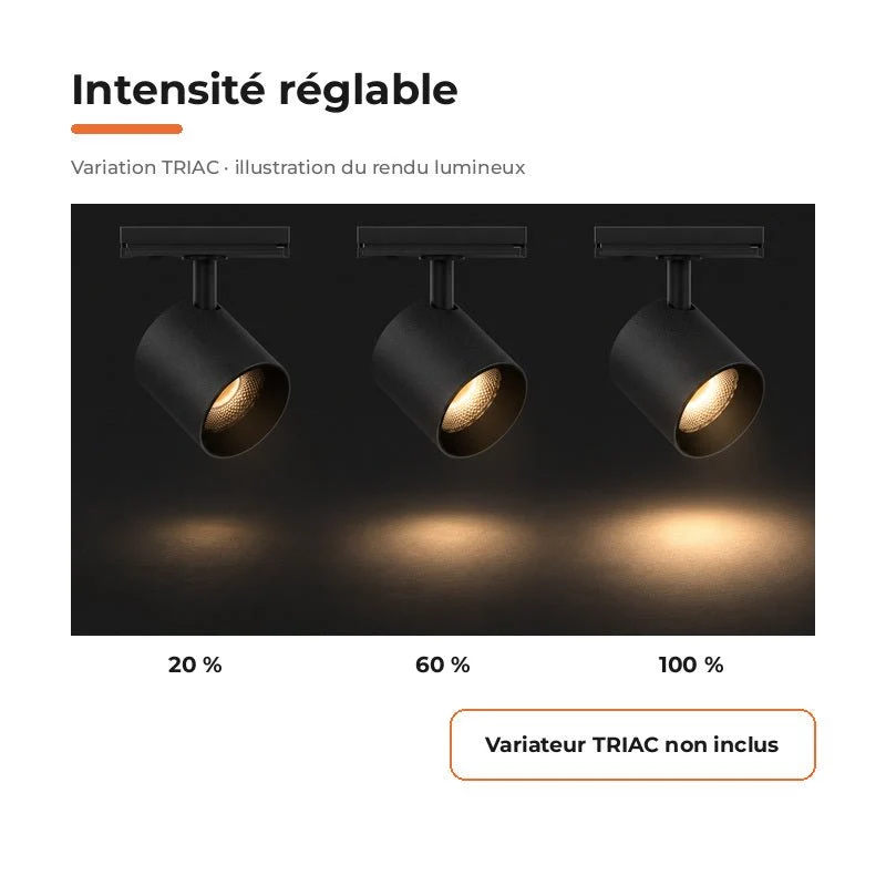 Pack de 10 - Spot LED sur Rail Noir Monophasé 24W 36° TRIAC Dimmable