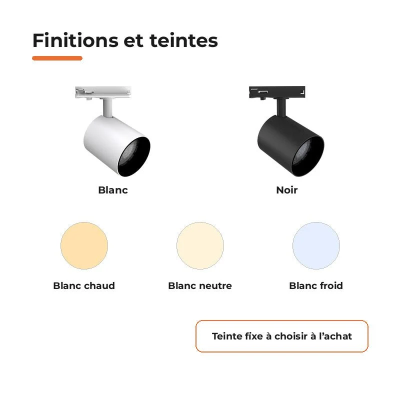 Pack de 10 - Spot LED sur Rail Noir Monophasé 24W 36° TRIAC Dimmable