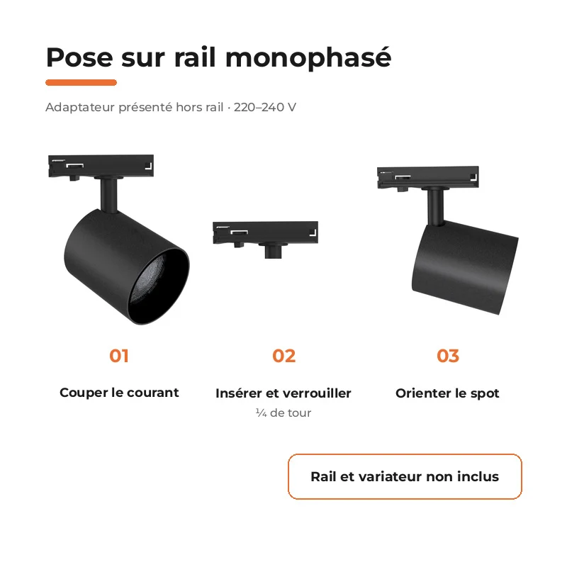 Pack de 10 - Spot LED sur Rail Noir Monophasé 24W 36° TRIAC Dimmable