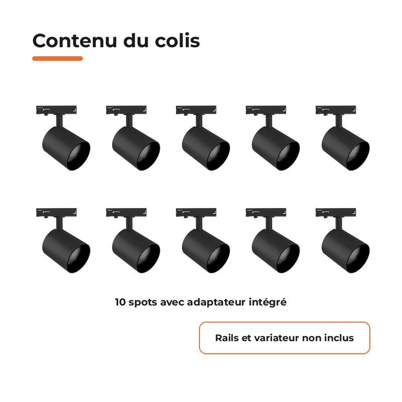 Pack de 10 - Spot LED sur Rail Noir Monophasé 24W 36° TRIAC Dimmable