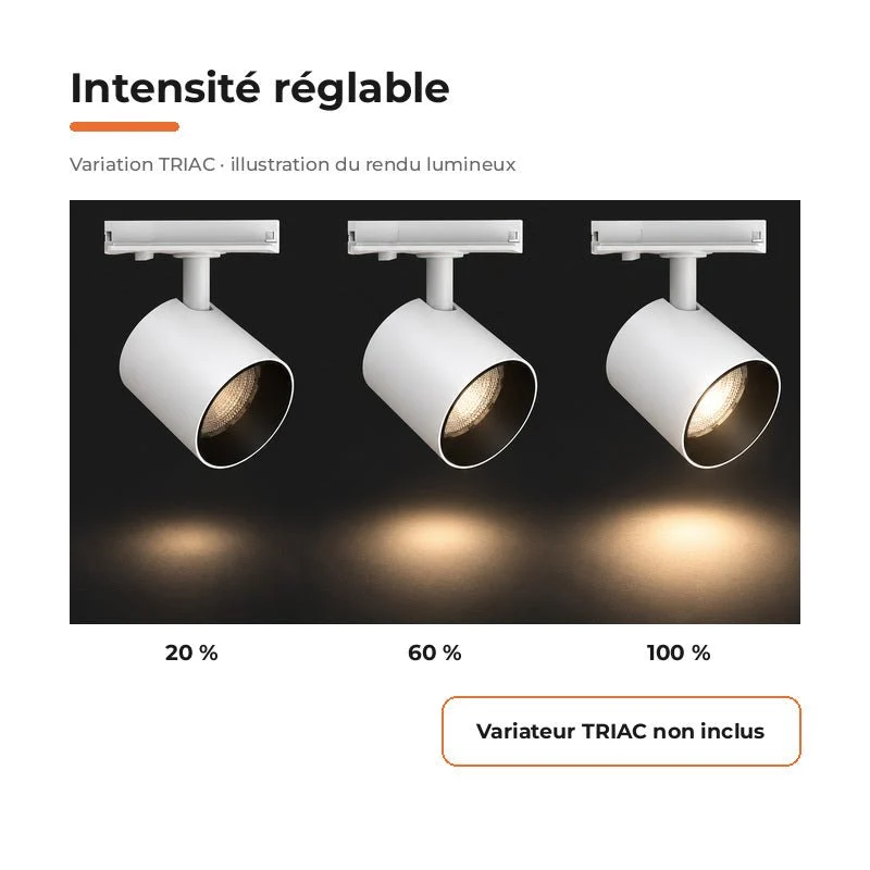 Spot LED sur Rail Blanc Monophasé 24W 36° TRIAC Dimmable