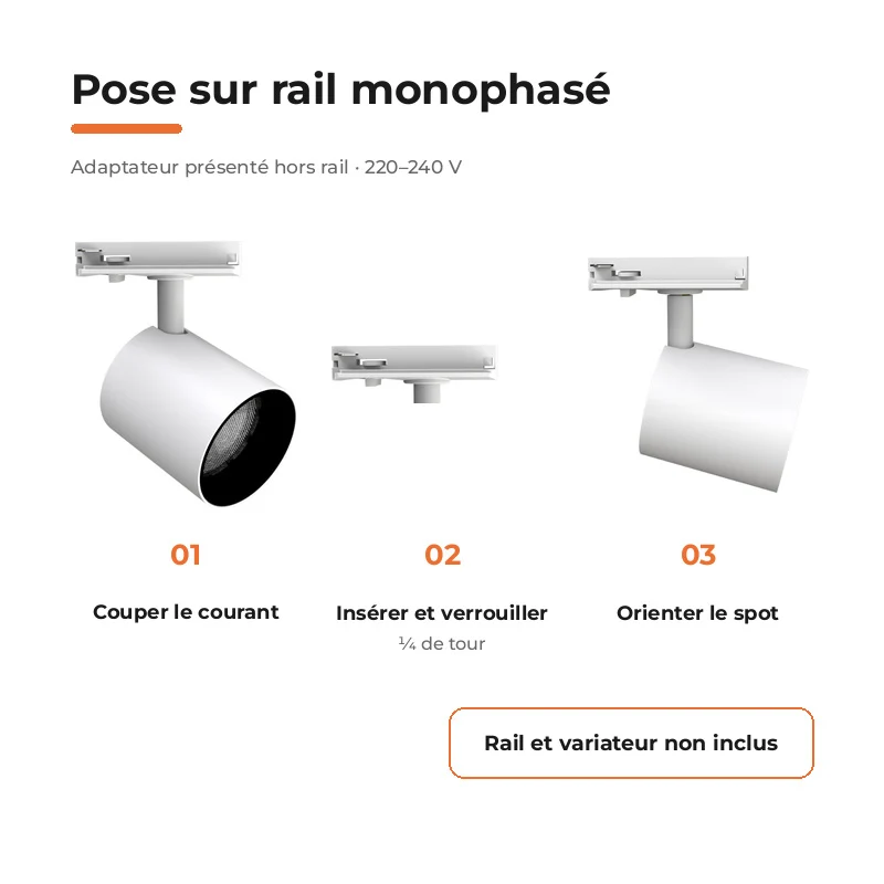 Spot LED sur Rail Blanc Monophasé 24W 36° TRIAC Dimmable