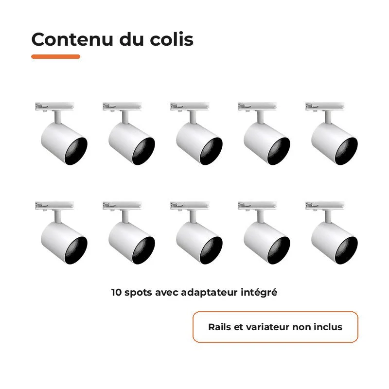 Pack de 10 - Spot LED sur Rail Blanc Monophasé 24W 36° TRIAC Dimmable