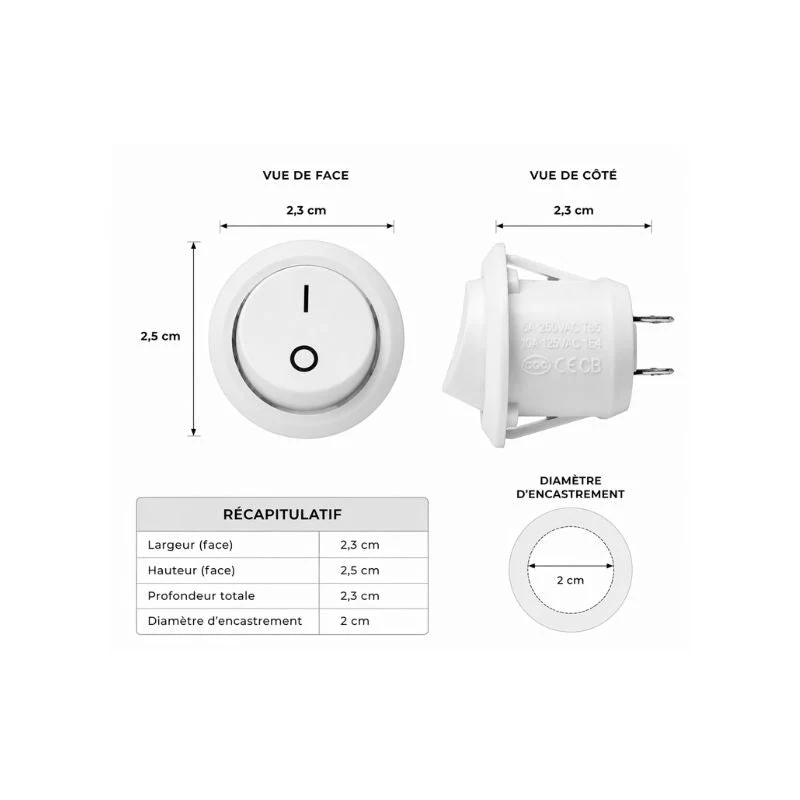 Interrupteur à Bascule Unipolaire On-Off 6.1A 250V - Blanc