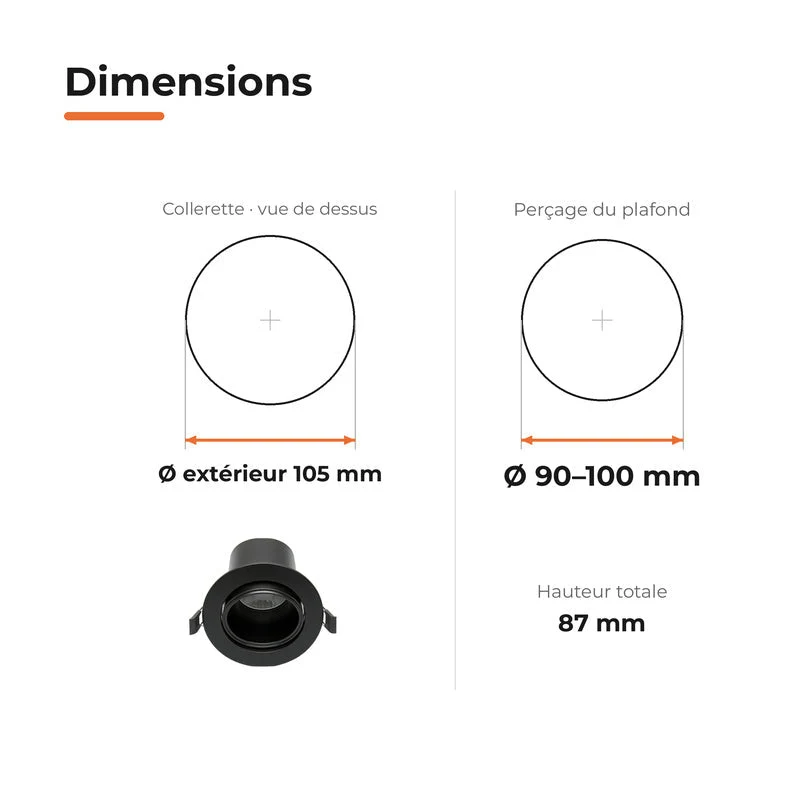 Spot Encastrable Orientable Anti-Éblouissement 8W ø105mm Dimmable CCT Noir - 3000K/4000K/5700K