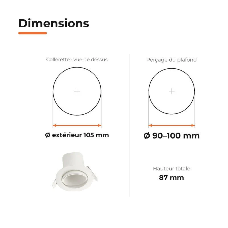 Spot Encastrable Orientable Anti-Éblouissement 8W ø105mm Dimmable CCT Blanc - 3000K/4000K/5700K