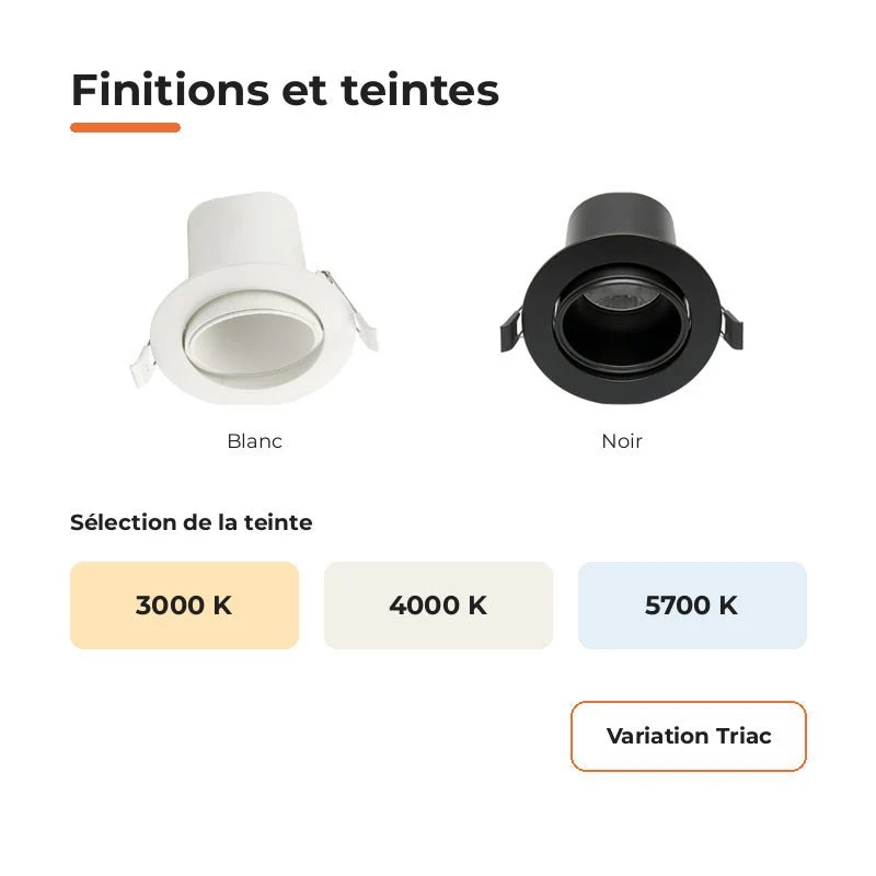 Spot Encastrable Orientable Anti-Éblouissement 8W ø105mm Dimmable CCT Blanc - 3000K/4000K/5700K