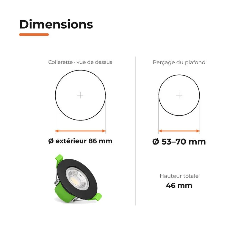 Spot Encastrable Coupe-Feu 6W ø86mm Dimmable CCT IP65 Noir - 3000K/4000K/6500K