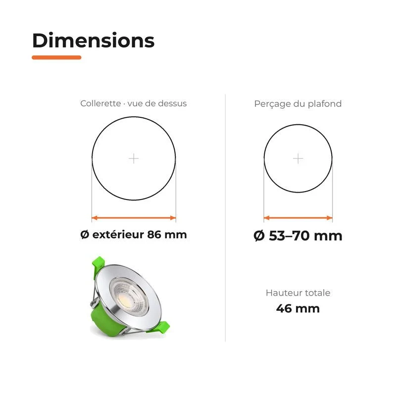 Spot Encastrable Coupe-Feu 6W ø86mm Dimmable CCT IP65 Chrome - 3000K/4000K/6500K