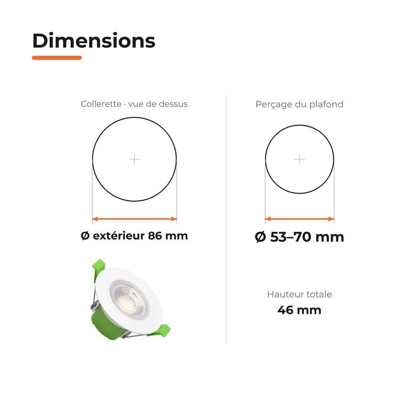 Spot Encastrable Coupe-Feu BBC 6W ø86mm Dimmable CCT IP65 Blanc - 3000K/4000K/6500K
