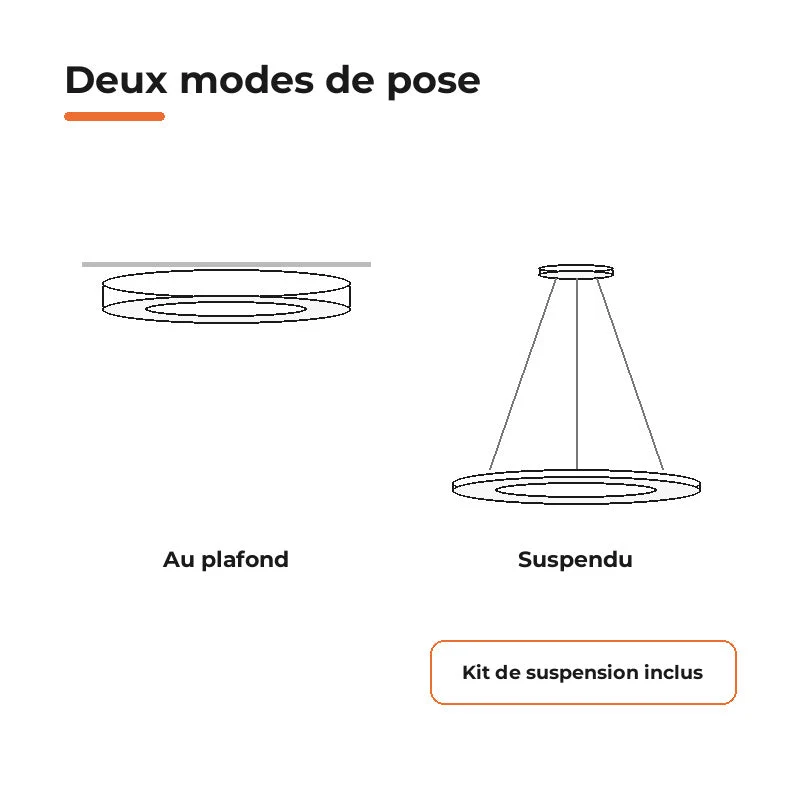 Plafonnier LED Noir 64W 80cm avec Kit de Suspension