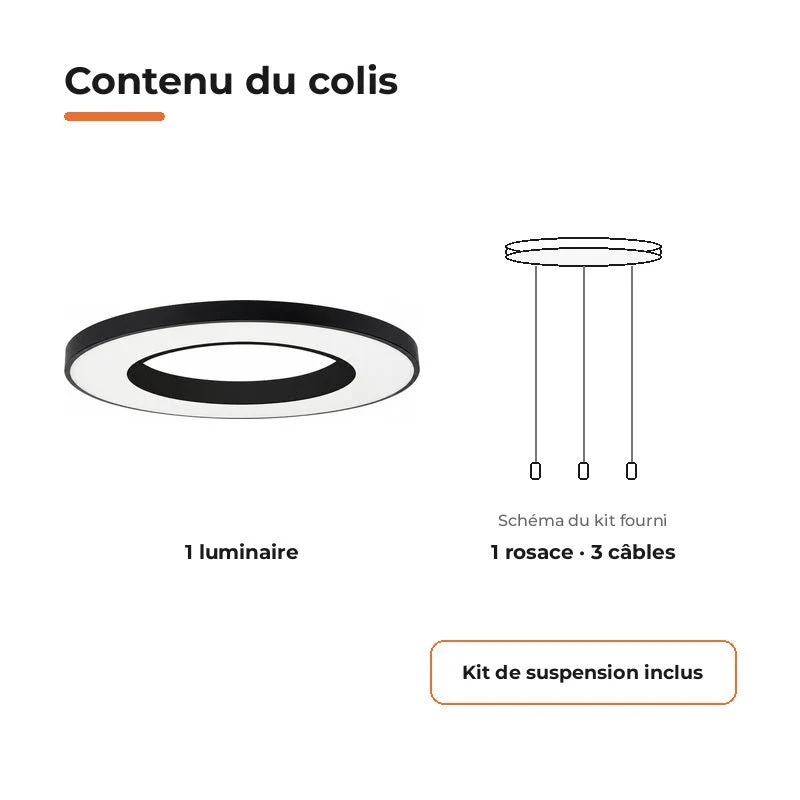 Plafonnier LED Noir 64W 80cm avec Kit de Suspension
