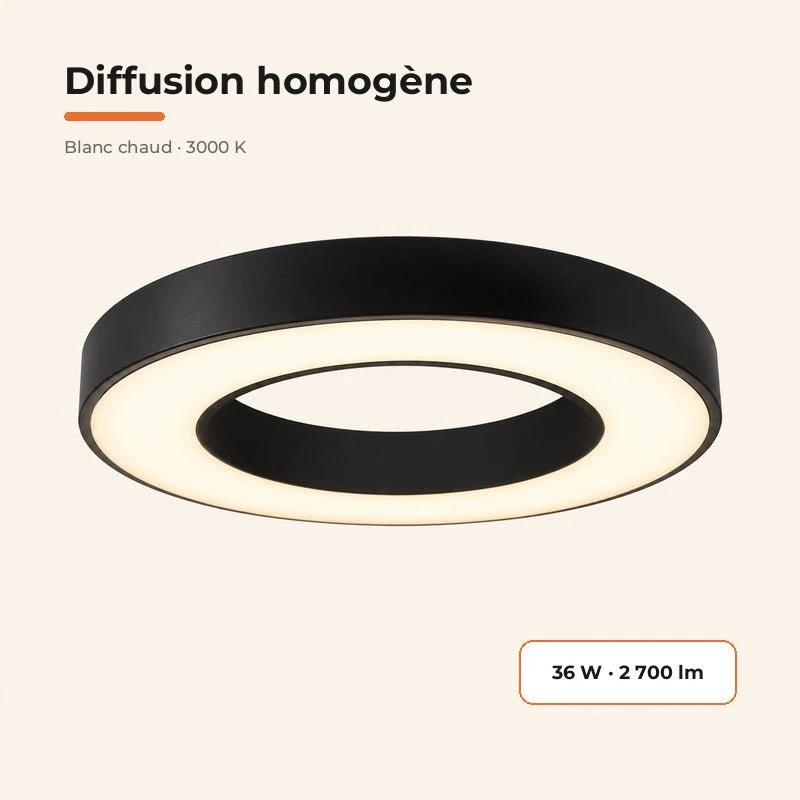 Plafonnier LED Noir 36W 50cm avec Kit de Suspension