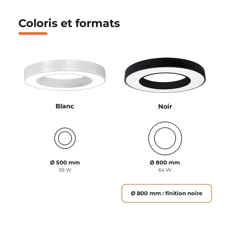 Plafonnier LED Noir 36W 50cm avec Kit de Suspension