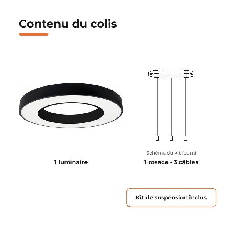 Plafonnier LED Noir 36W 50cm avec Kit de Suspension
