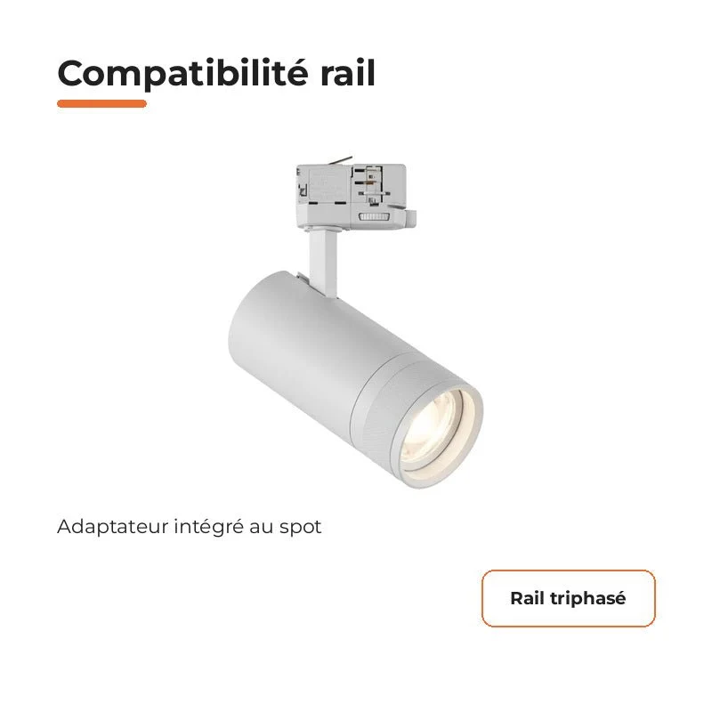Pack de 10 - Spot LED sur Rail Blanc Angle Ajustable Triphasé 30W 15-60° CCT TRIAC Dimmable