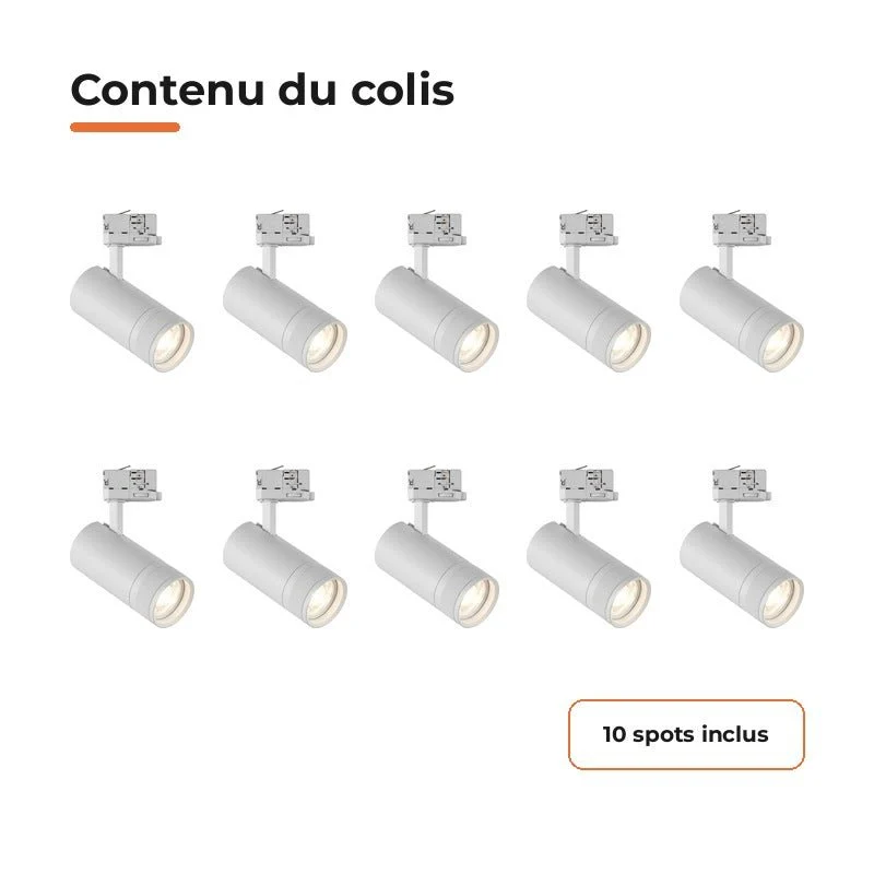 Pack de 10 - Spot LED sur Rail Blanc Angle Ajustable Triphasé 30W 15-60° CCT TRIAC Dimmable