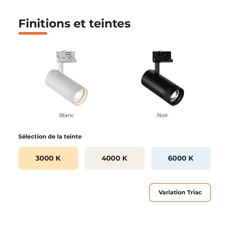 Pack de 10 - Spot LED sur Rail Noir Angle Ajustable Triphasé 30W 15-60° CCT TRIAC Dimmable