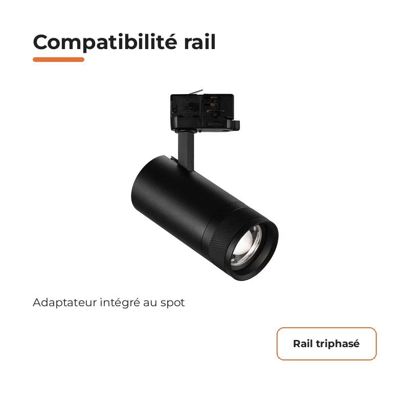 Pack de 10 - Spot LED sur Rail Noir Angle Ajustable Triphasé 30W 15-60° CCT TRIAC Dimmable