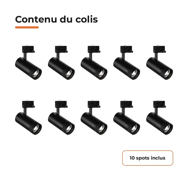 Pack de 10 - Spot LED sur Rail Noir Angle Ajustable Triphasé 30W 15-60° CCT TRIAC Dimmable