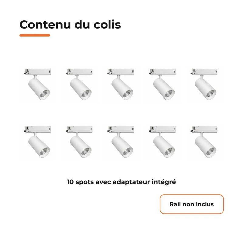 Pack de 10 - Spot LED sur Rail COB Triphasé 30W 36° Blanc - Garantie 5 ans
