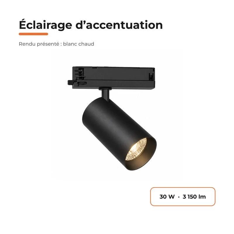 Pack de 10 - Spot LED sur Rail COB Triphasé 30W 36° Noir - Garantie 5 ans