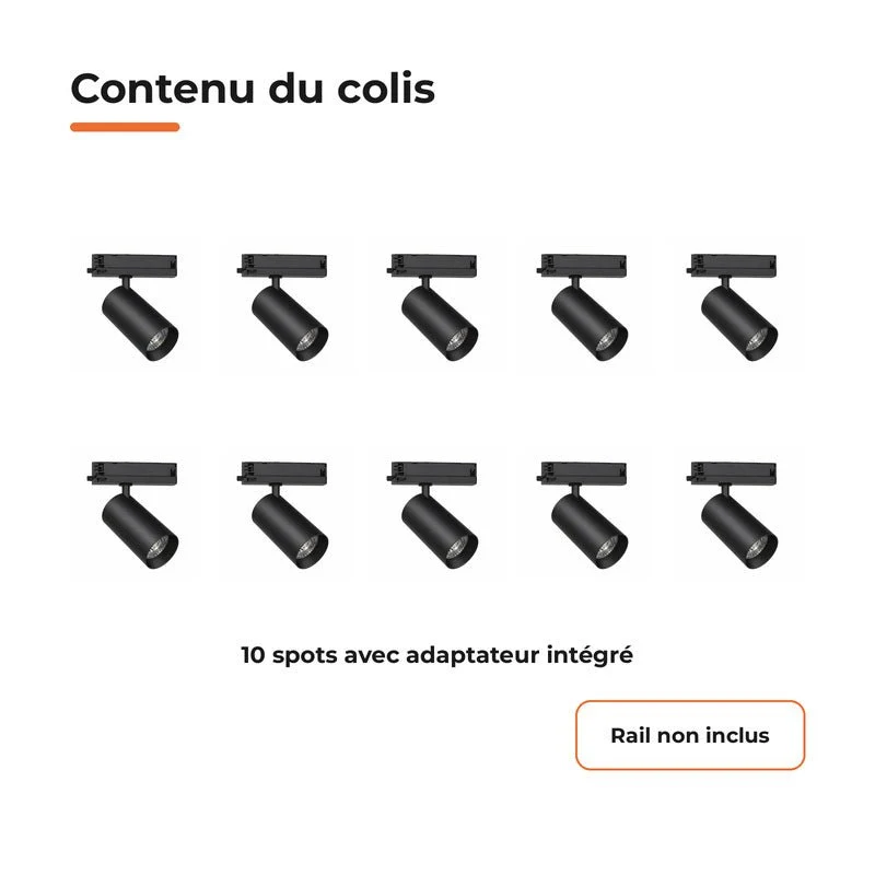 Pack de 10 - Spot LED sur Rail COB Triphasé 30W 36° Noir - Garantie 5 ans