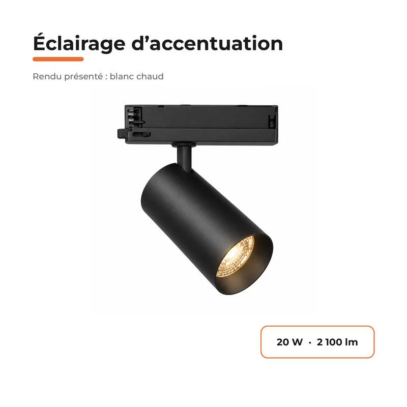 Pack de 10 - Spot LED sur Rail COB Triphasé 20W 36° Noir - Garantie 5 ans