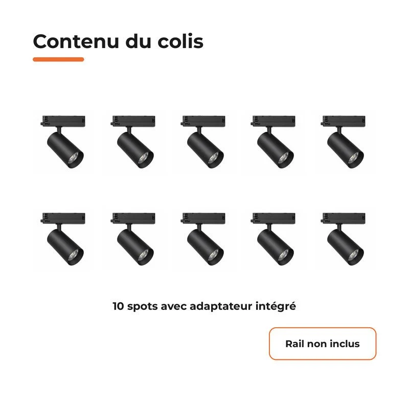 Pack de 10 - Spot LED sur Rail COB Triphasé 20W 36° Noir - Garantie 5 ans