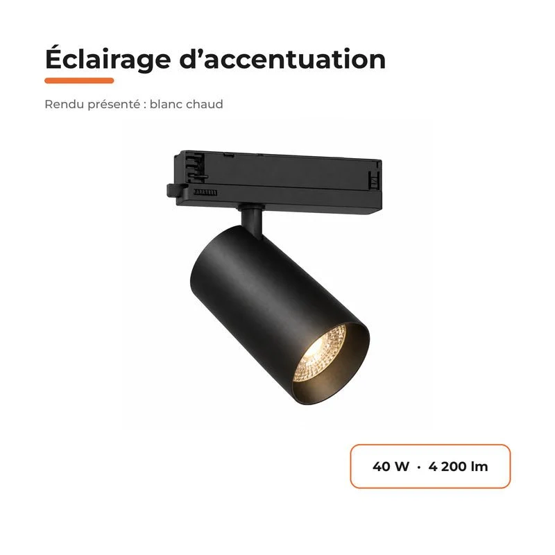 Pack de 10 - Spot LED sur Rail COB Triphasé 40W 36° Noir - Garantie 5 ans