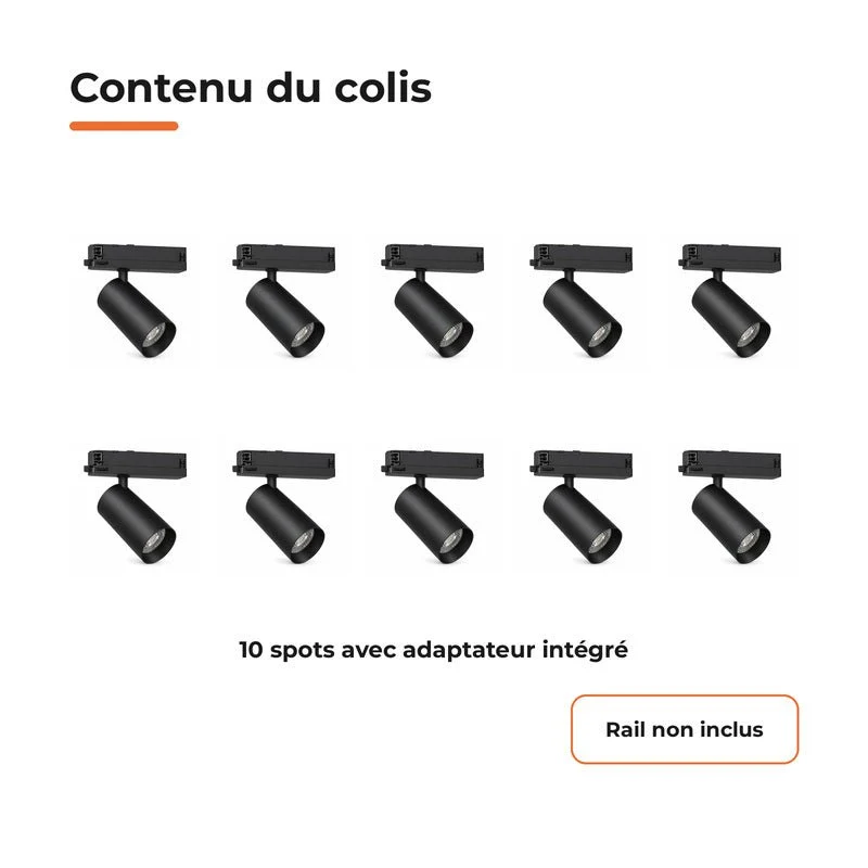 Pack de 10 - Spot LED sur Rail COB Triphasé 10W 36° Noir - Garantie 5 ans